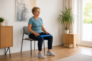 Ejercicio de piernas con banda elástica corta para personas mayores
